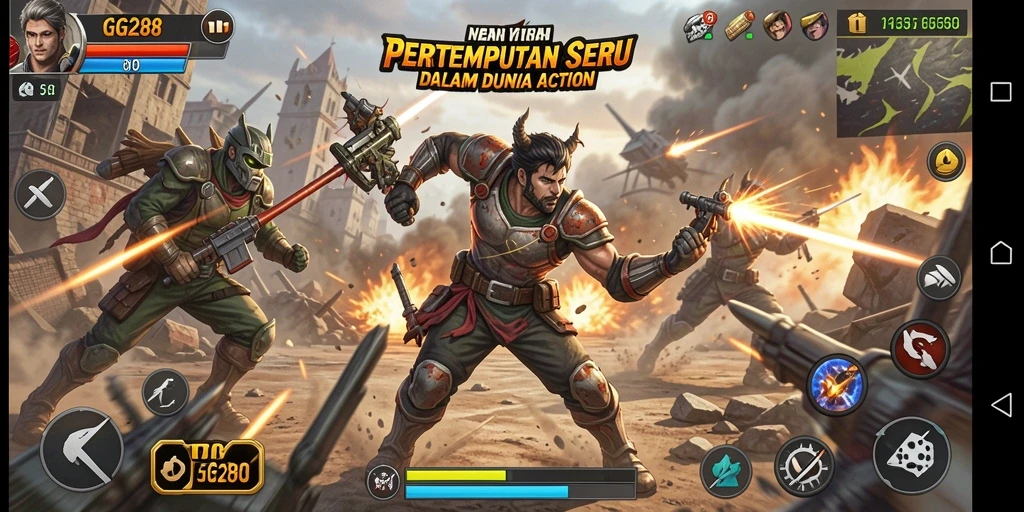 Screenshot menampilkan pertempuran seru dalam GG288 dengan karakter yang beraksi.