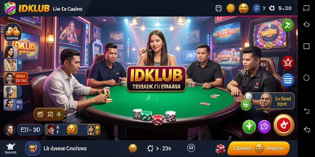 Screenshot gameplay menunjukkan dealer langsung dan suasana kasino yang mengasyikkan.