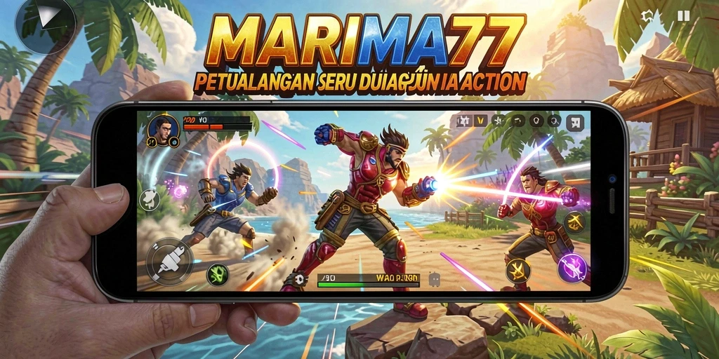 Tangkapan layar gameplay aksi penuh ketegangan dari MARIMA77.