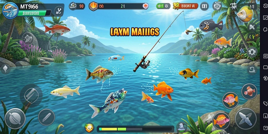 Tampilan gameplay seru MT966 dengan berbagai ikan untuk ditangkap.
