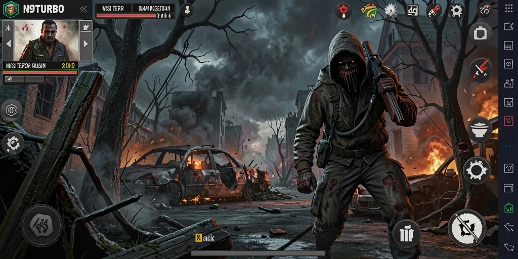 Tampilan menegangkan dari gameplay N9TURBO yang penuh kegelapan.