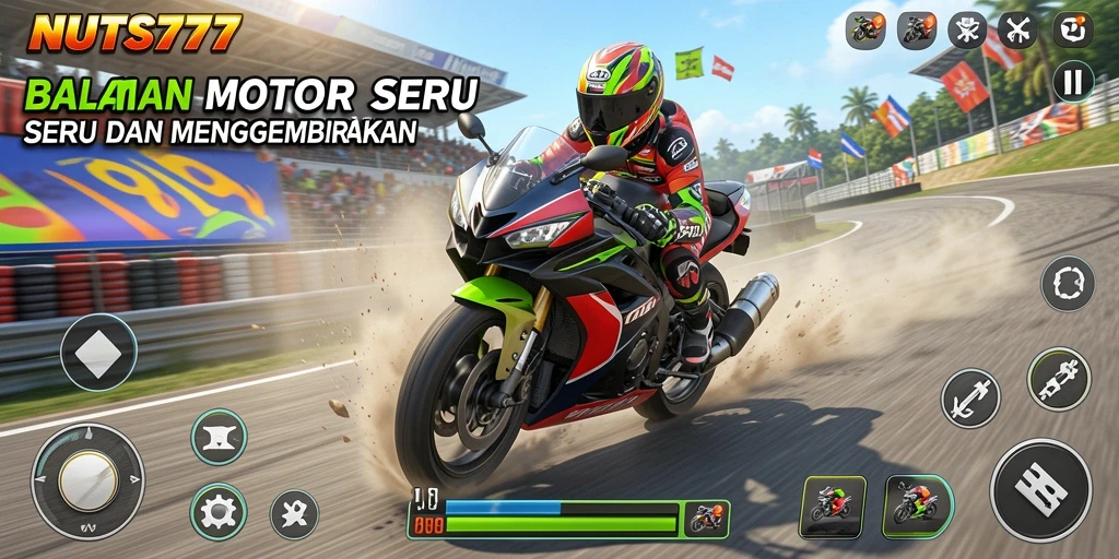 Screenshot NUTS777 menampilkan aksi balapan motor yang intens dan mendebarkan.