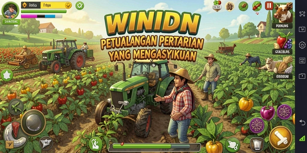 Screenshot gameplay WINIDN menunjukkan ladang yang subur dan tanaman beragam.