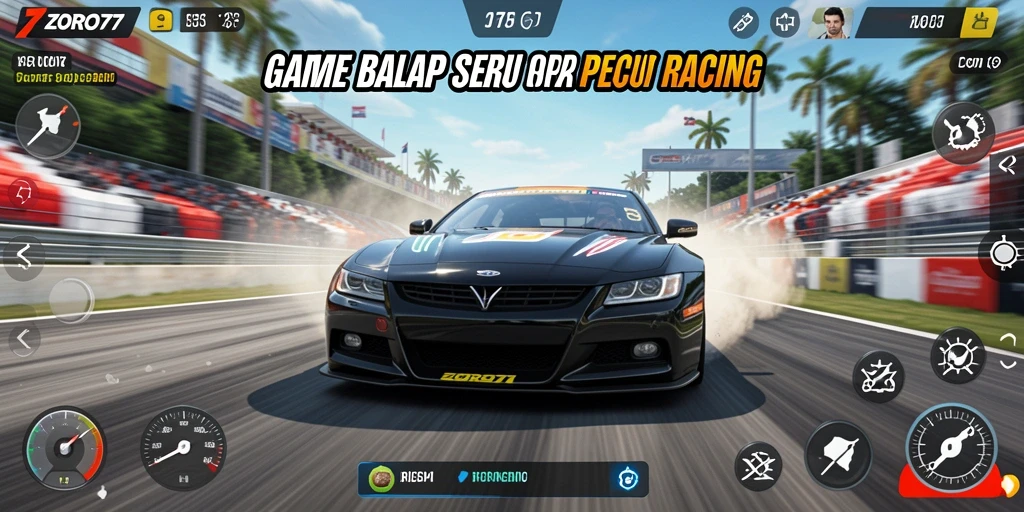 Screenshot gameplay ZORO77 menampilkan mobil balap di lintasan yang menegangkan.